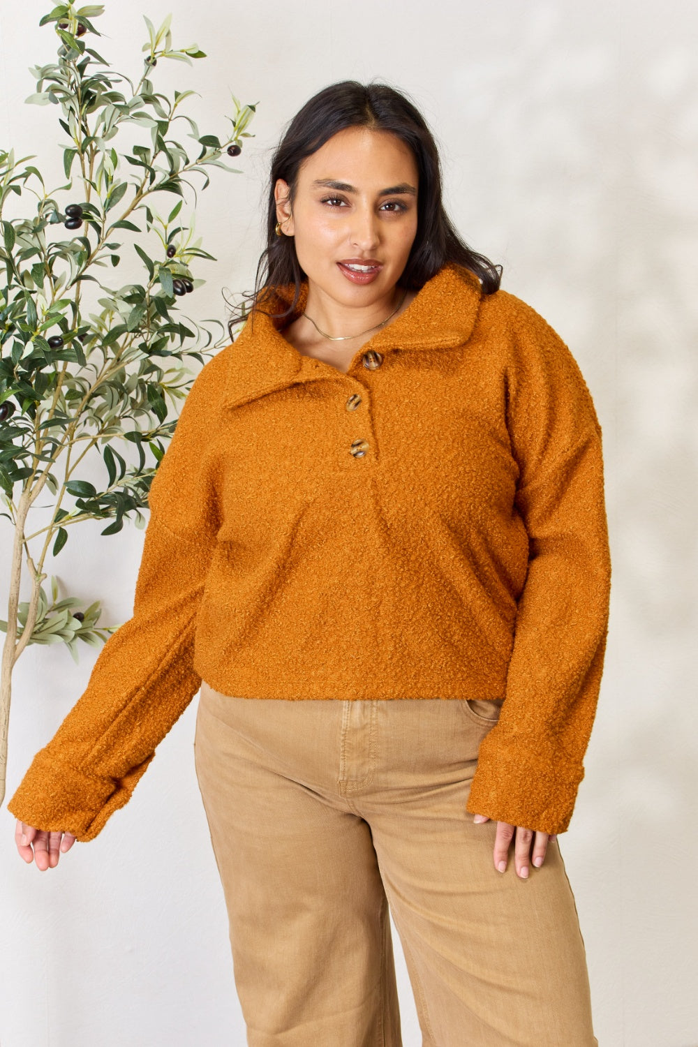 Full Size Half Button Long Sleeve
