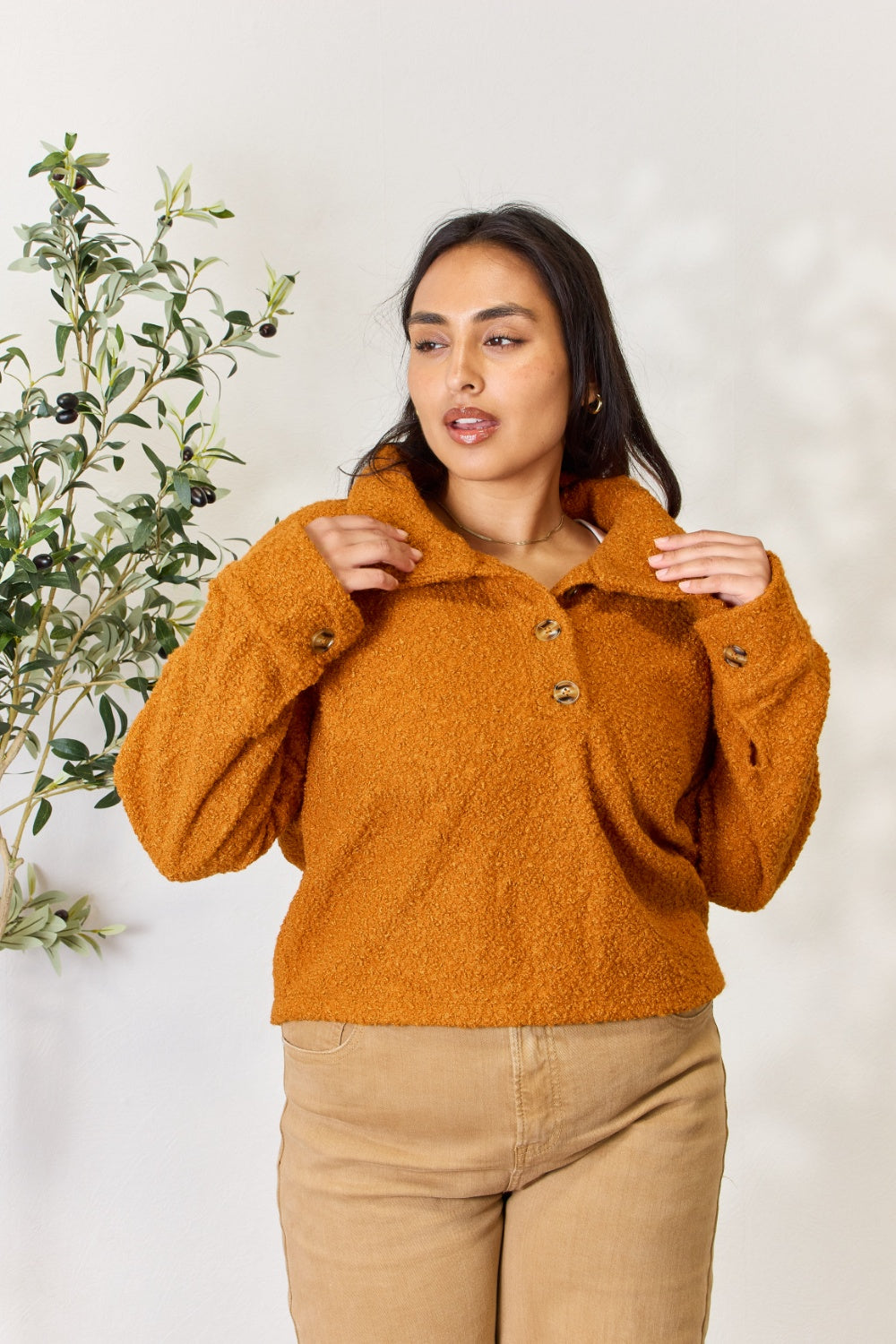 Full Size Half Button Long Sleeve
