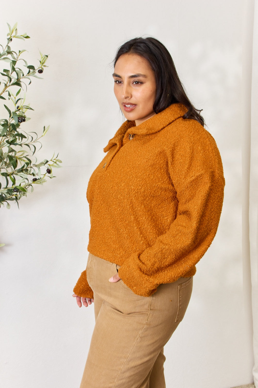 Full Size Half Button Long Sleeve