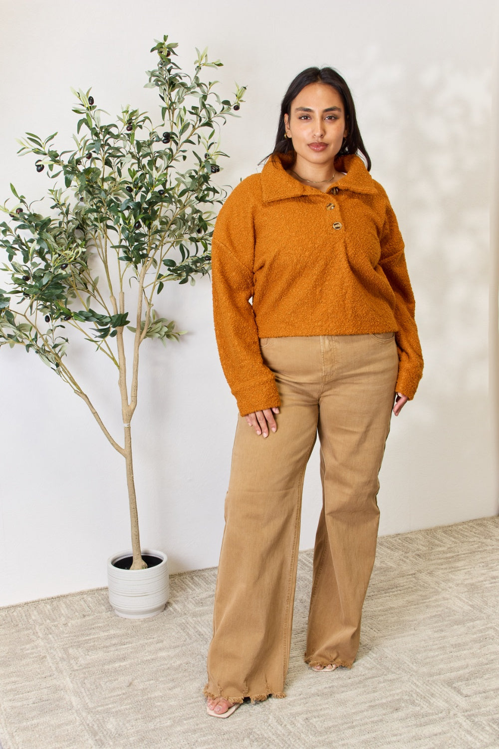 Full Size Half Button Long Sleeve