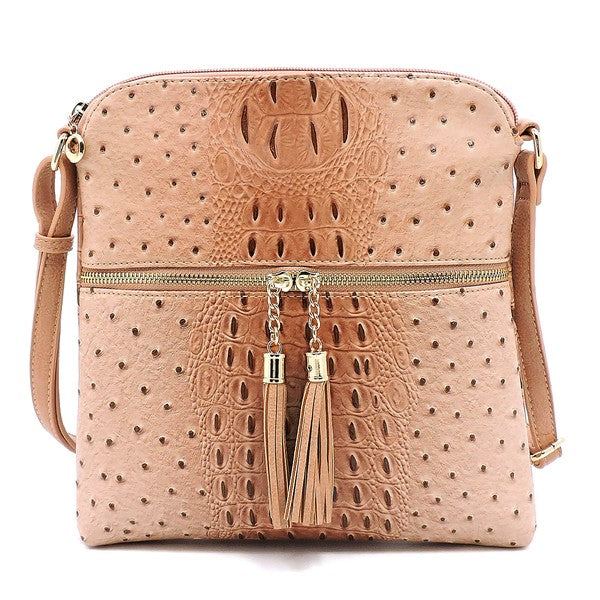 Ostrich Croc Zip Tassel Crossbody Bag